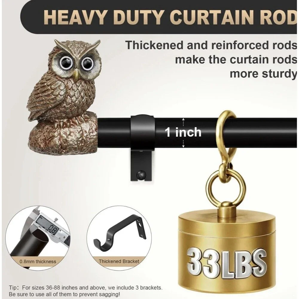 2 Pack Vintage Black Curtain Rods Owl Finials Adjustable 28-48” Heavy Duty